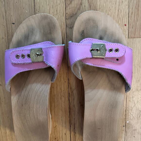 Dr. Scholls Original 10? Exercise Sandals Clogs Vintage Pink Leather Wooden Sole - Picture 4 of 15